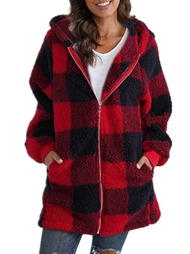 Women's Zip Hoodie Sweatshirt Vintage Sports Basic Zip Up Front Pocket Black Red Blue Plaid Street Casual Hoodie Long Sleeve Top Micro-elastic Fall & Winter