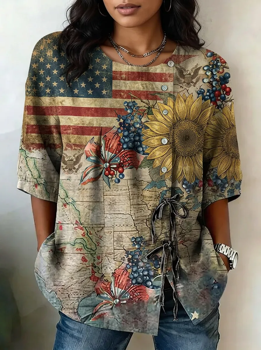 Women's Nashville USA Flag Sunflower Printed Button-Up Top