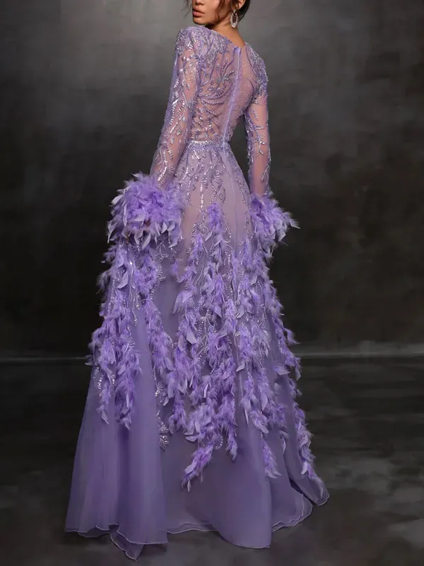 sexy v-neck temperament feather delicate ladies dress