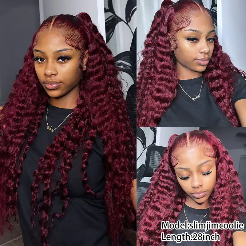 Flash Sale | @bigekane and @thequeenleora Recommend 99J Burgundy 13x6 Deep Wave Wig 16-34 Inches Transparent Lace Front Human Hair Wigs