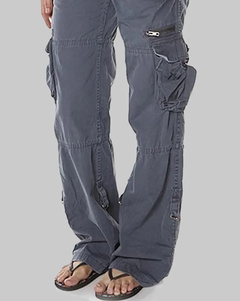 Flap Pocket Zip Detail Straight Leg Cargo Pants