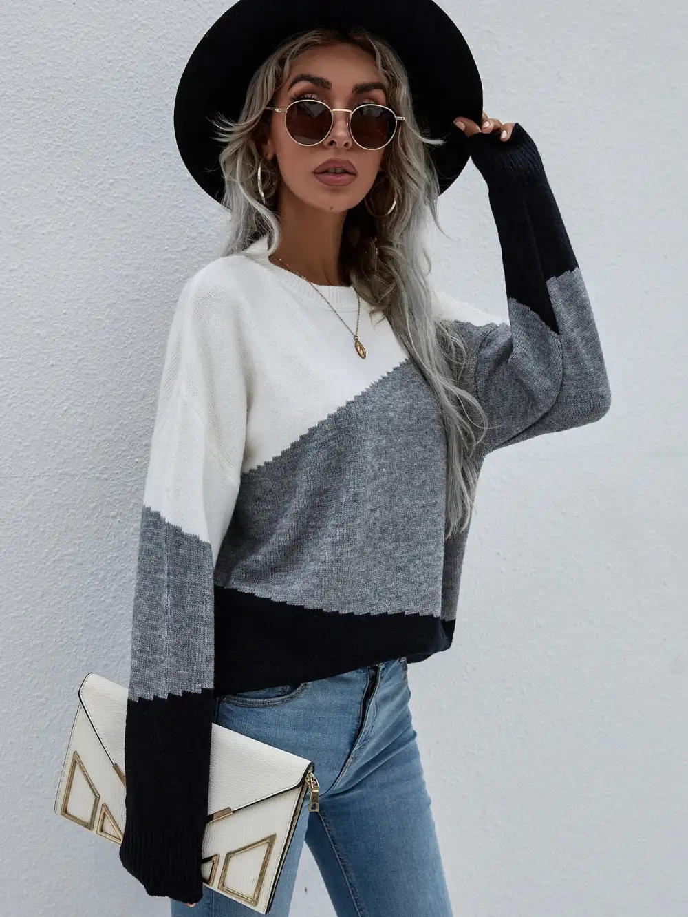 Color Block Dropped Shoulder Pullover Sweater