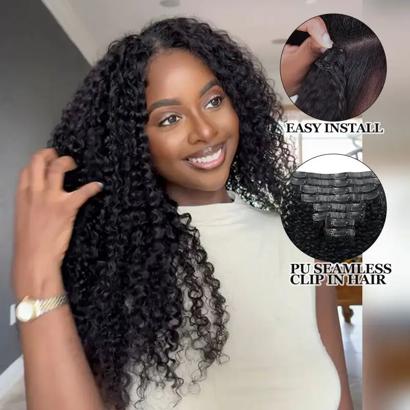 Seamless PU Weft Clip In Hair Extensions Curly Clip Ins Human Hair 8pcs With 18 Clips