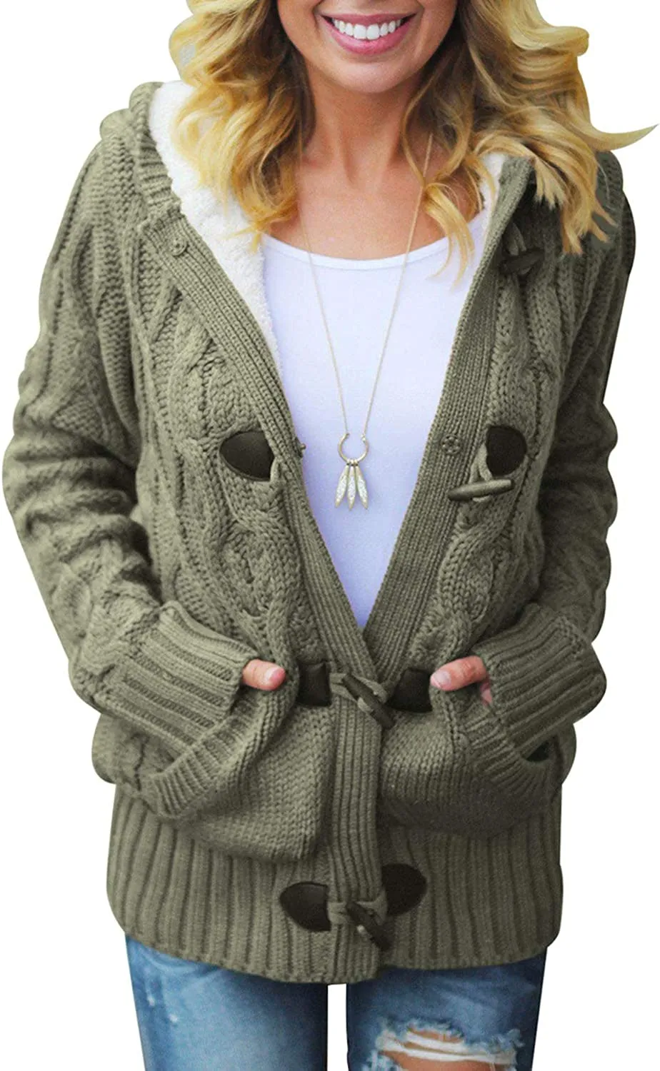 Womens Hooded Cardigans Button Up Cable Knit Sweater Coat Outerwear with Pockets