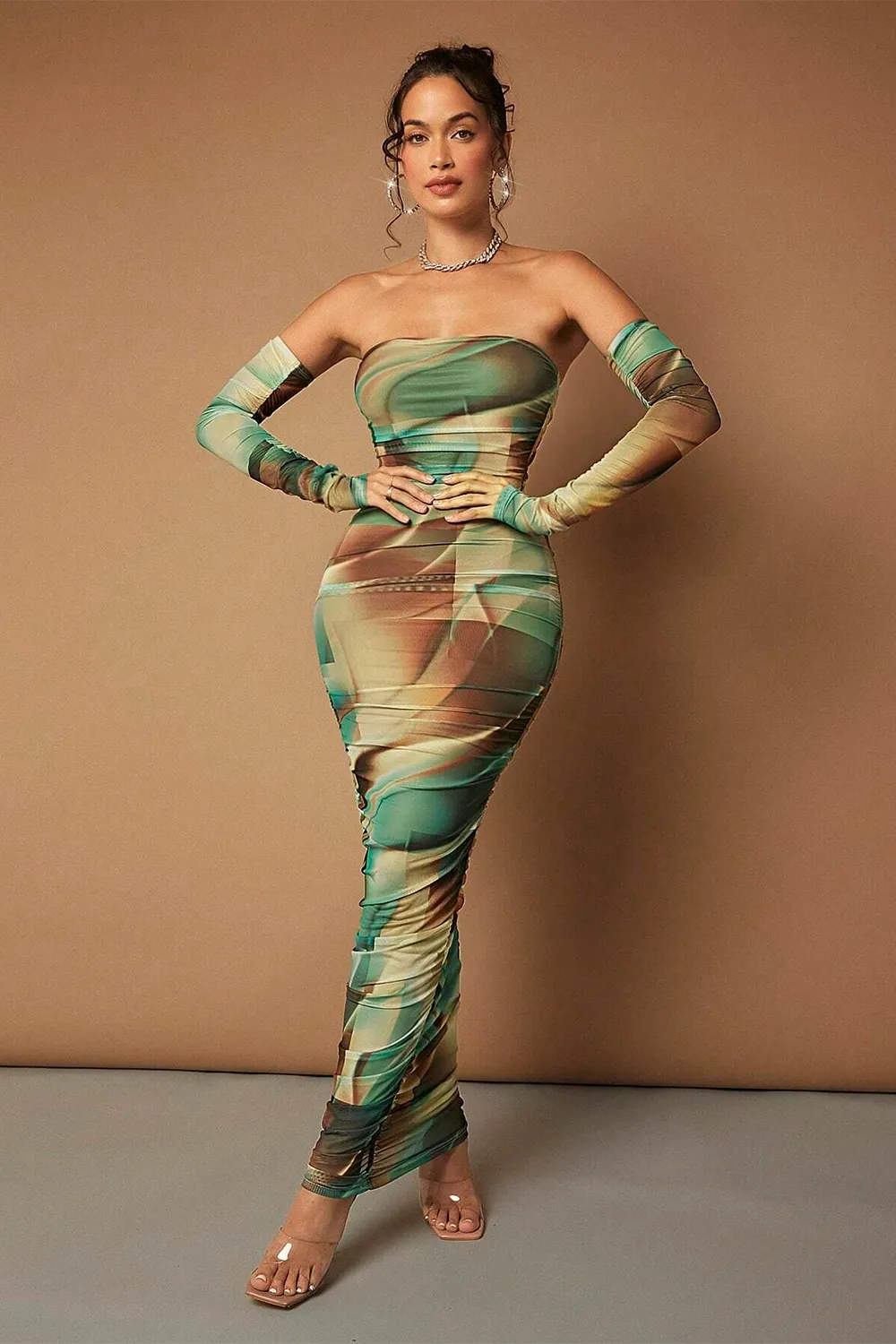 BAE Tie Dye Off Shoulder Ruched Side Bodycon Dress