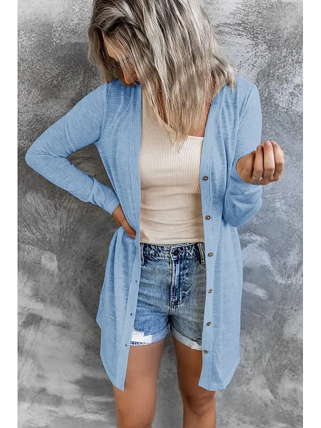Women's Cardigan Sweater Cowl Ribbed Knit Polyester Button Summer Spring Outdoor Home Halloween Casual Soft Long Sleeve Solid Color Black White Light Green S M L