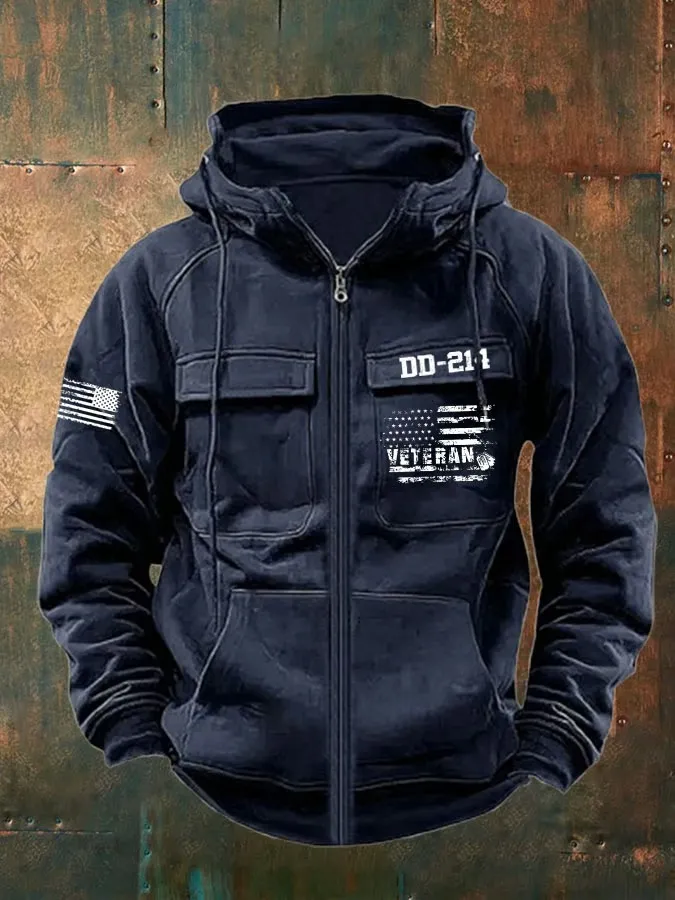 Men's Vintage Veteran Print Multi-Pocket Jacket