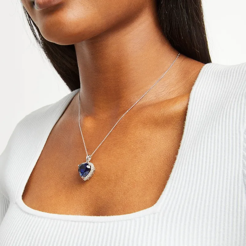 Blue & White Lab-Created Sapphire Heart Necklace Sterling Silver 18