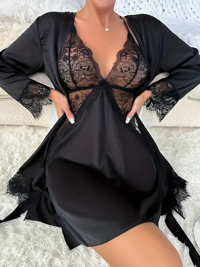 Women's Pajamas Bathrobe Nightgown Pure Color Simple Casual Comfort Home Daily Bed Polyester Breathable Plunging Neck Long Sleeve Fall Winter Lotus Pink Black