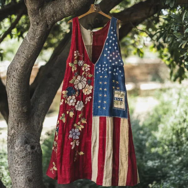 Women's Independence Day Floral Embroidered Patchwork Art V-neck Tank Midi Dress