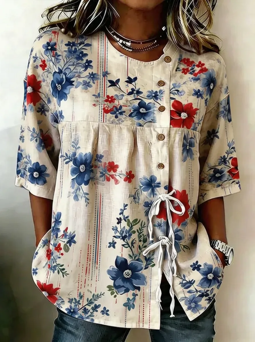 Women's Nashville Floral Botanical Printed Button-Down Top
