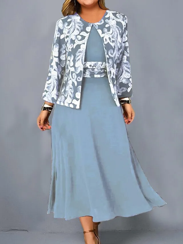 Women‘s Plus Size Curve Dress Set Print Crew Neck Long Sleeve Spring Fall Elegant Maxi long Dress Formal Party Dress