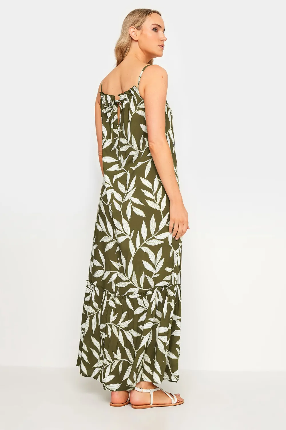 LTS Tall Olive Green Leaf Print Ruched Neck Maxi Dress