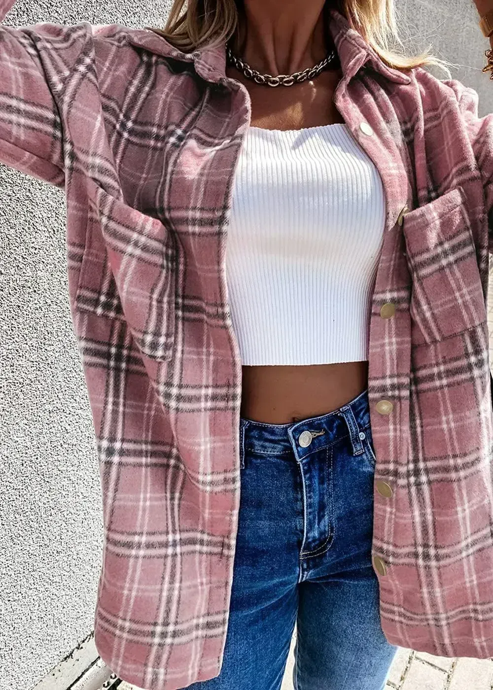 Women's 2023 Fall Clothes Plaid Shacket Jacket Long Sleeve Button Down Flannel Shirts Fashion Blouse