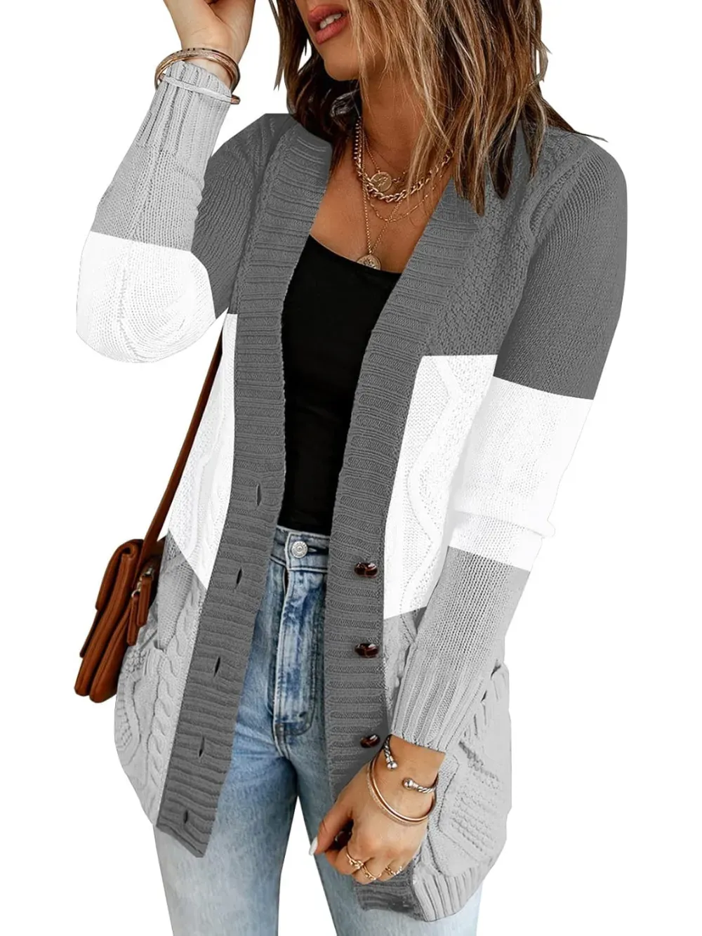 Womens Long Sleeve Open Front Buttons Cable Knit Pocket Sweater Cardigan