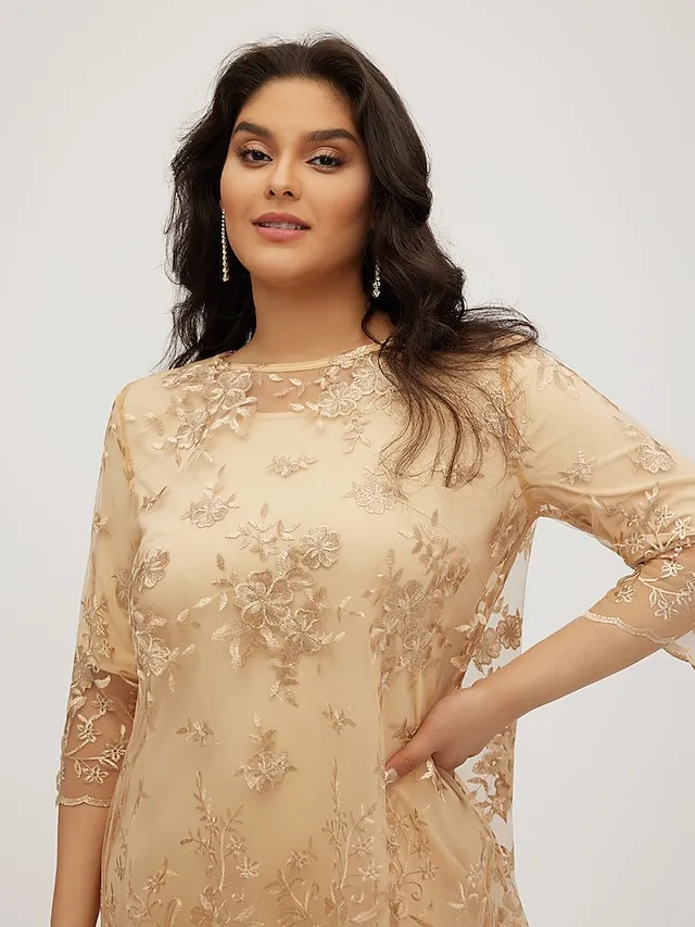 Women‘s Plus Size Party Dress Lace Dress Semi Formal Dress Midi Dress Navy Blue Blue Gold 3/4 Length Sleeve Floral Lace Summer Spring Fall Crew Neck Elegant Party Wedding Guest Dress