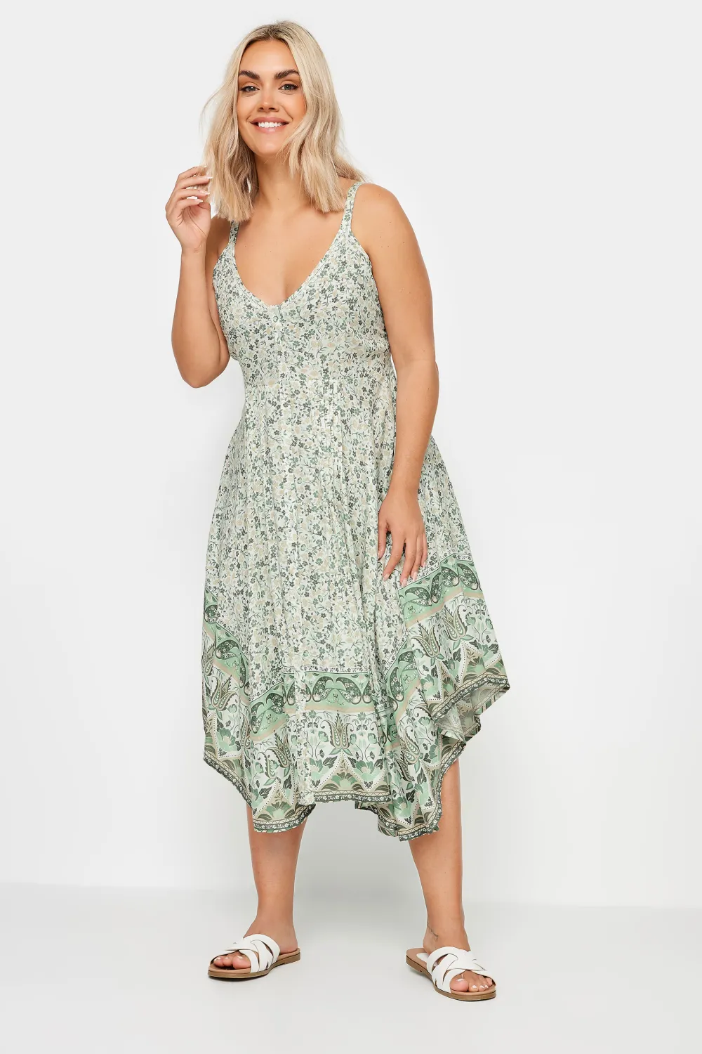 YOURS Curve Green Floral Print Hanky Hem Dress