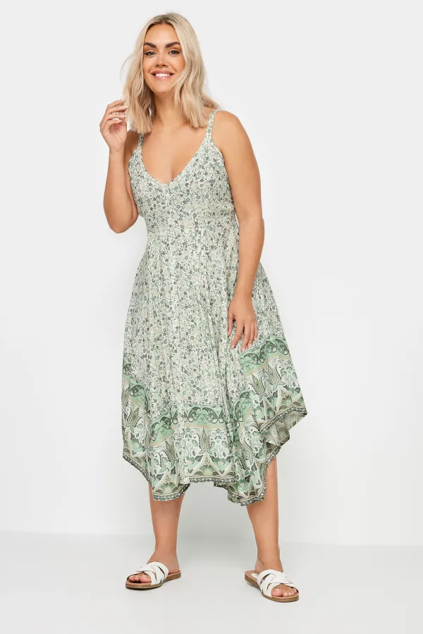 YOURS Curve Green Floral Print Hanky Hem Dress