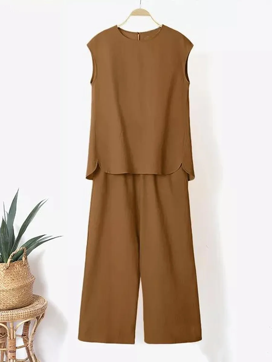 Summer Cotton Linen Loosen Casual Sleeveless Top And Pants Suit