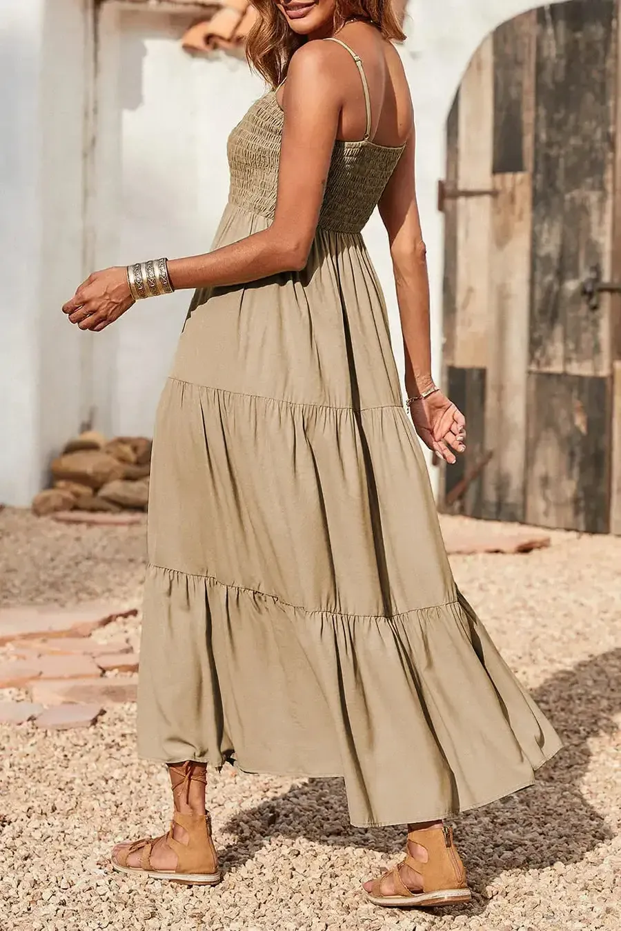Sleeveless Spaghetti Strap Smocked Tiered Maxi Dress