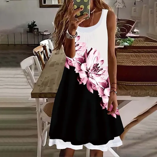 Women's Casual Dress Shift Dress Floral Dress Mini Dress White Pink Red Sleeveless Floral Fake two piece Summer Spring Crew Neck Basic Vacation 2023 S M L XL XXL 3XL 4XL 5XL