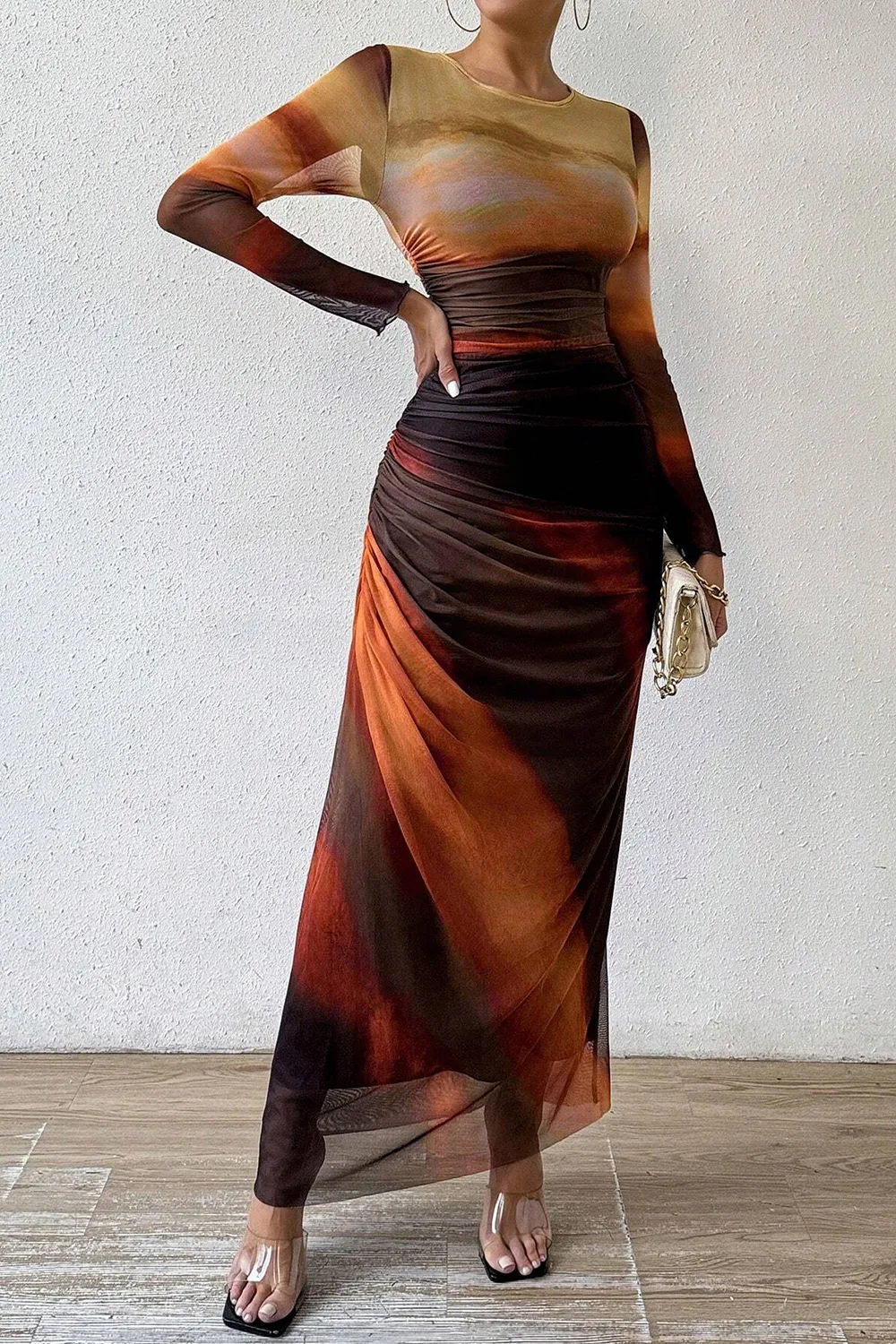 Women's Tie Dye Long Sleeve Pleated Dress
