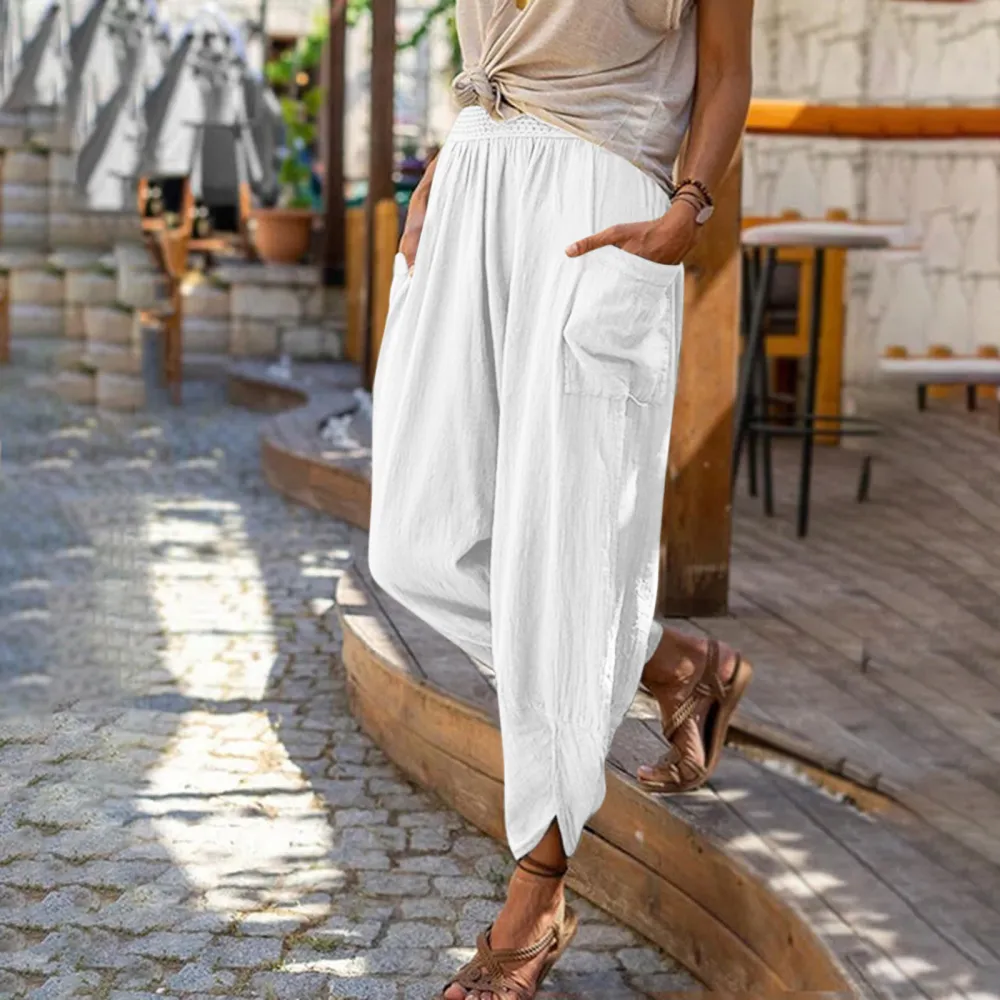 Casual Trousers Loose Pocket Cotton Linen Pencil Pants