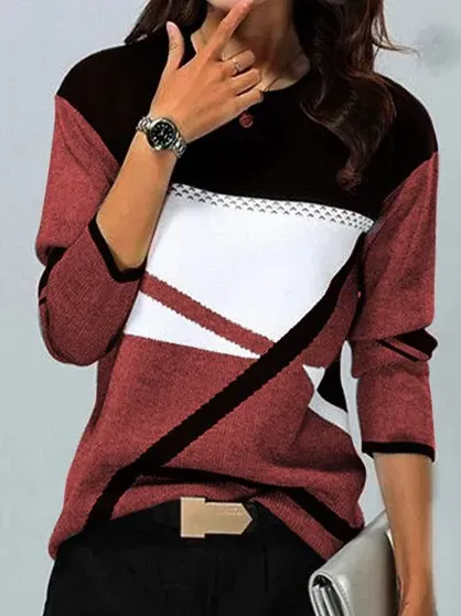 Women Color Block Crew Neck Casual Long Sleeve Top