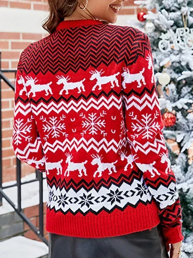 Women's Ugly Christmas Sweater Pullover Sweater Jumper Crew Neck Ribbed Knit Acrylic Tassel Fall Winter Regular Daily Going out Xmas Stylish Casual Soft Long Sleeve Elk Snowflake White Red S M L