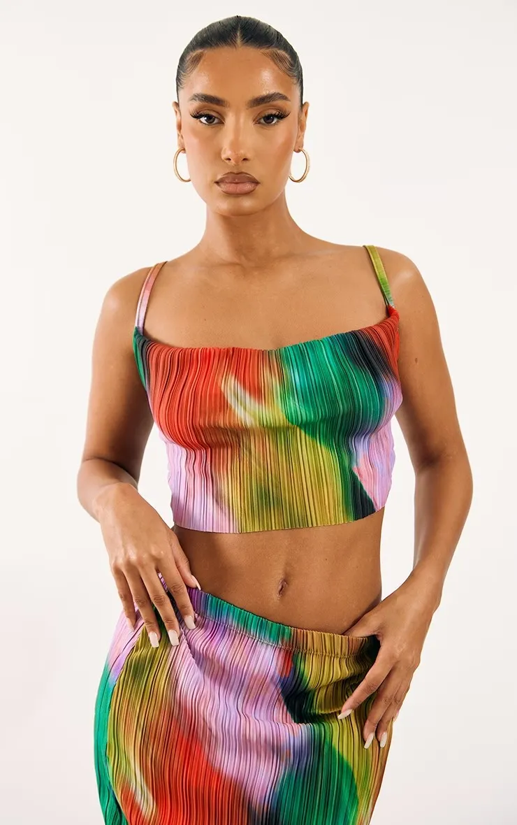 Multi Print Plisse Strappy Cowl Neck Top And Skirt Set