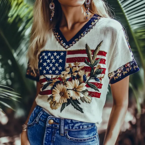 Women's Independence Day Flag Floral Embroidered V-neck T-shirt