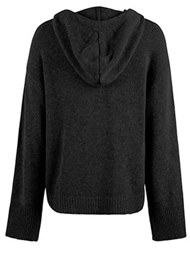 Women's Cardigan Sweater Jumper Ribbed Knit Regular Button Solid Color Hooded Stylish Casual Outdoor Daily Fall Winter Black White S M L