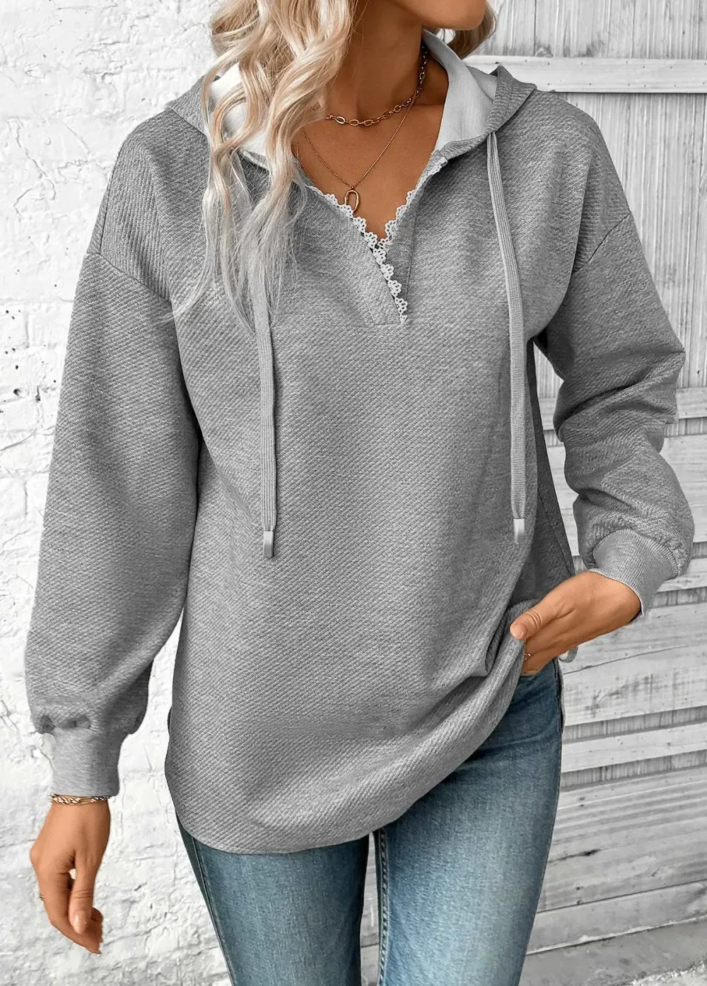 Plus Size Grey Embroidery Long Sleeve Hoodie