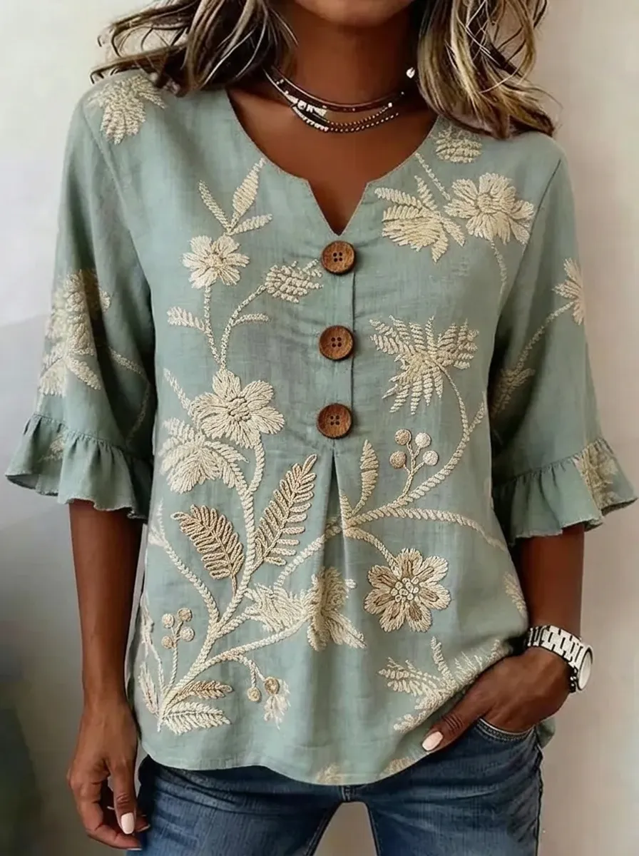 Women's Nashville Floral Embroidery Button-Down Ruffle Sleeve Top