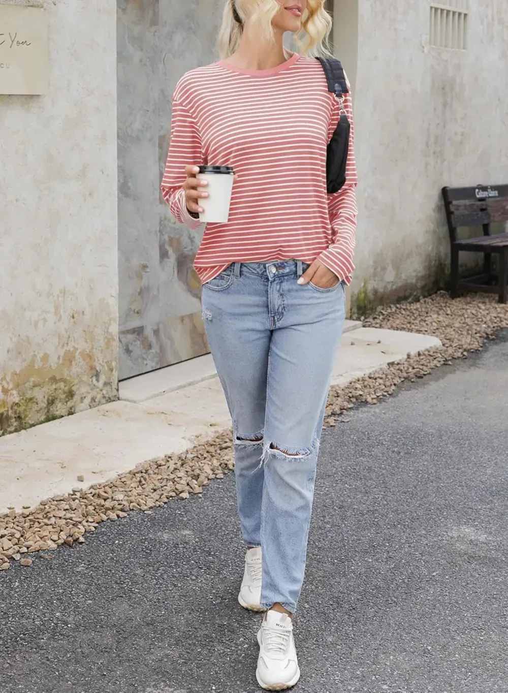 Dokotoo Women's Casual Striped Long Sleeve Tops Crew Neck Knit Ribbed Basic T Shirts