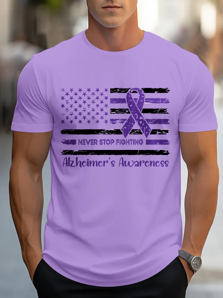 Men'S Round-Neck Short-Sleeved T-Shirt Never Stop Fighting Alzheimer'S Awareness Prints