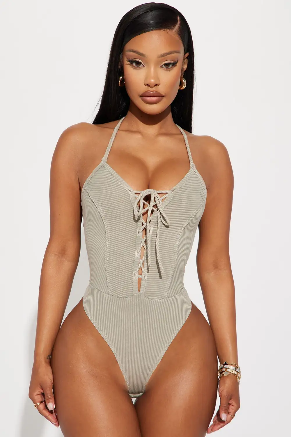 Paloma Lace Up Bodysuit - Taupe