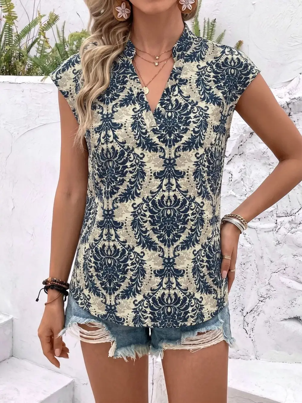 Damask Print Cap Sleeve Blouse