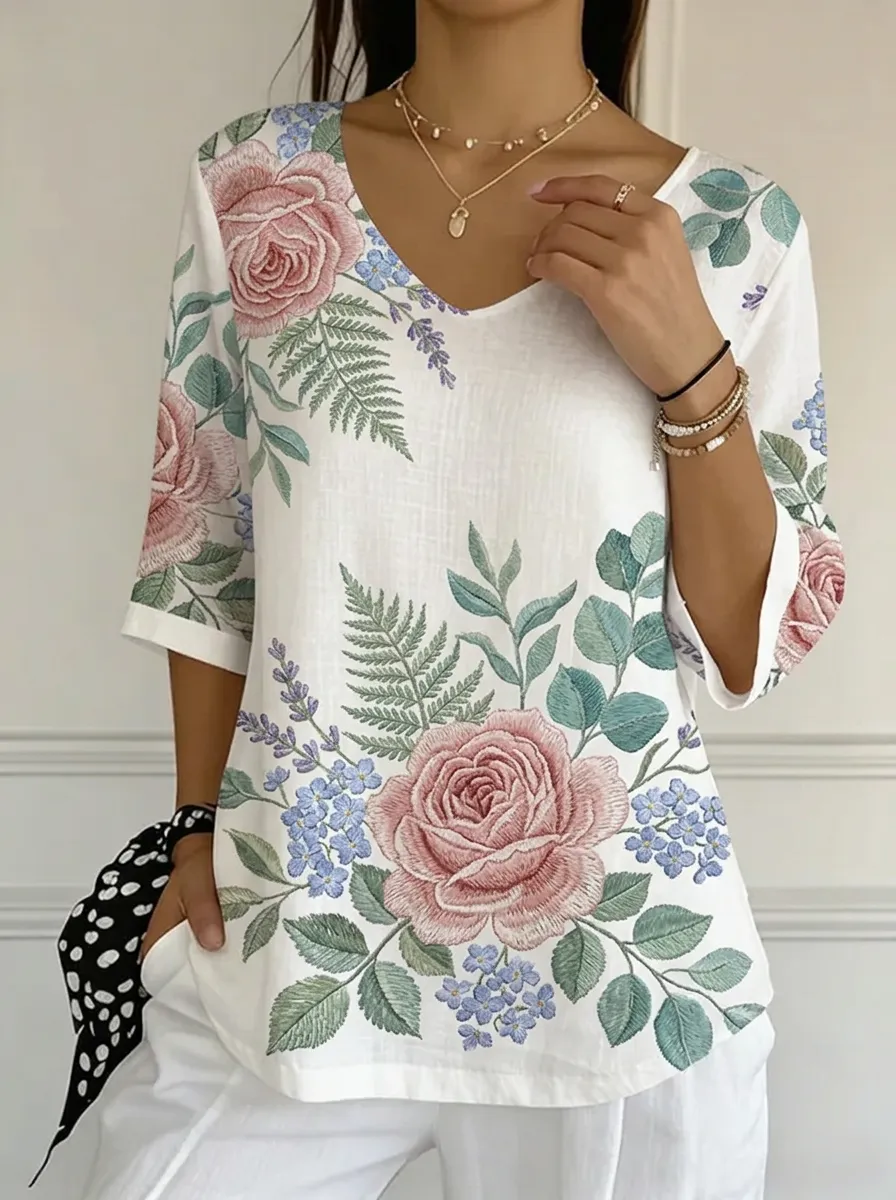 Women's Nashville Floral Rose Botanical Printed V-neck Top
