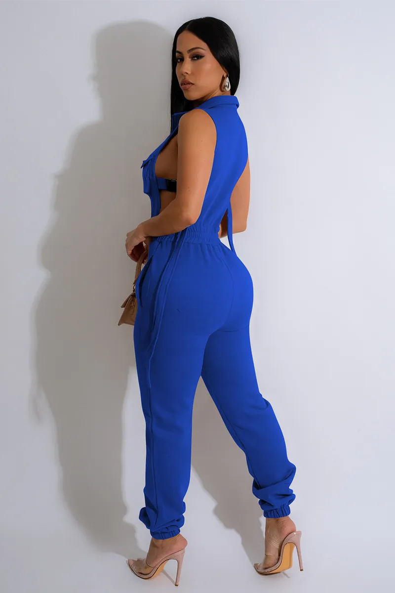 Sleeveless Side Buckle High Waist Solid Color Pocket Jumpsuit-Red