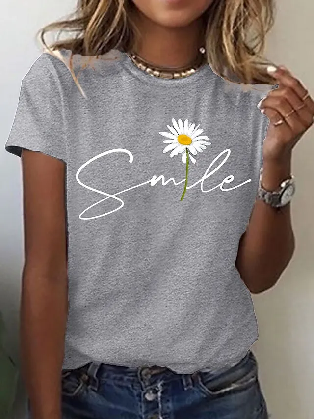 Women's T shirt Tee 100% Cotton Black White Yellow Graphic Daisy Print Short Sleeve Daily Going out Basic Round Neck Regular 100% Cotton Floral S