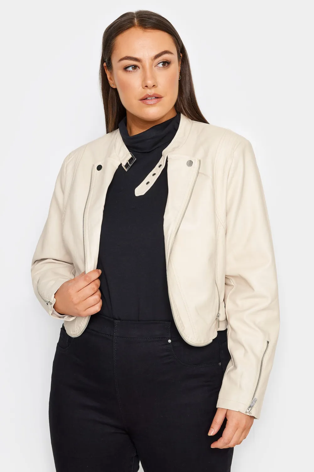 Evans Cream Cropped Biker Jacket