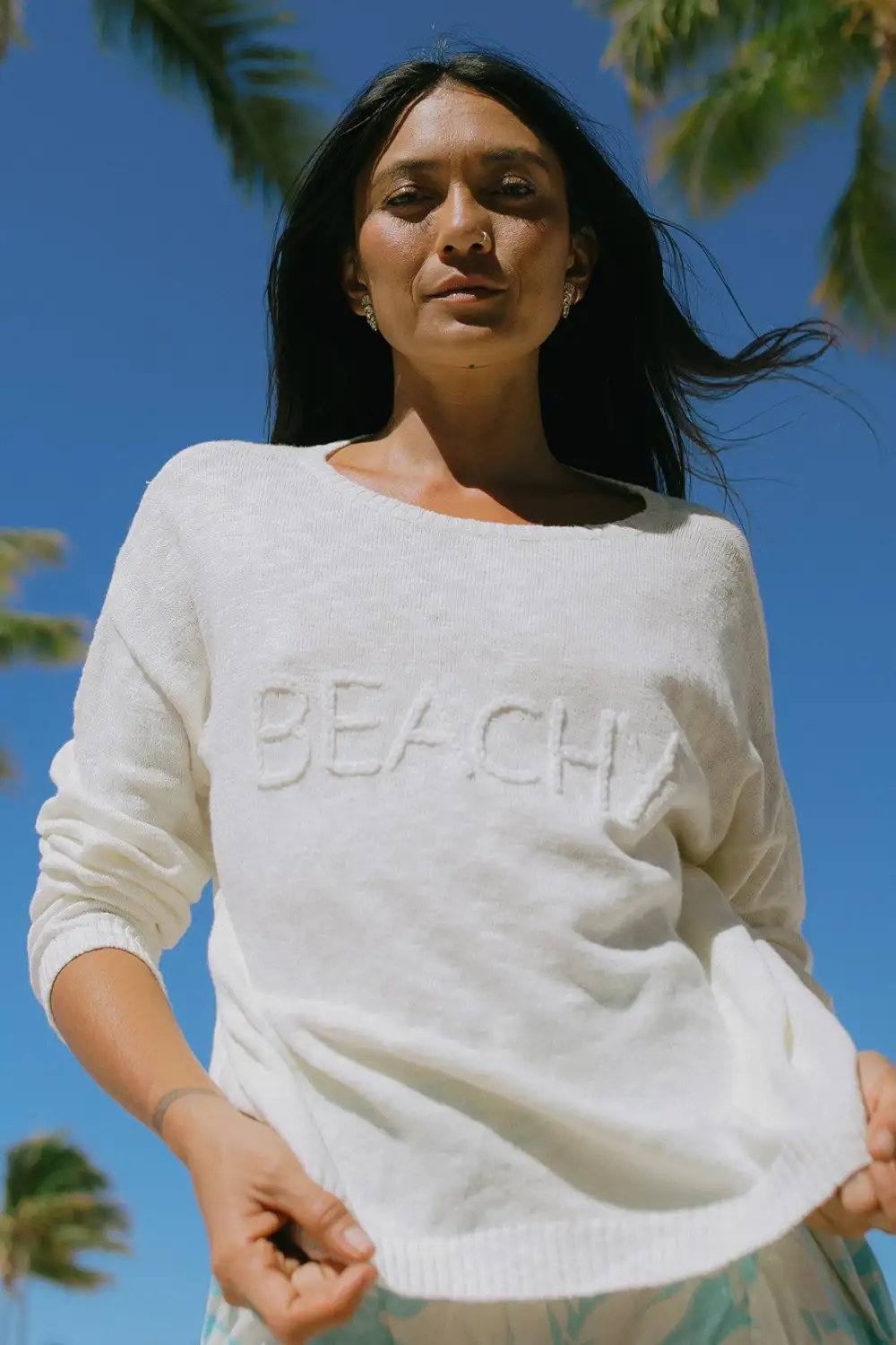 Ivory Cotton Scoop Neck BEACH Sweater-Ivory