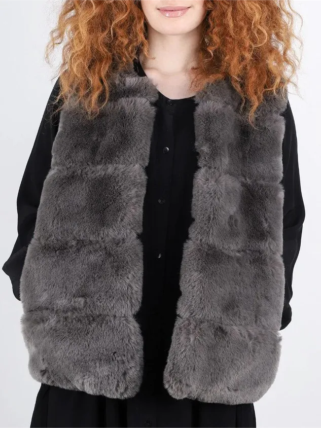 Women Casual Grey Faux Fur Gilet