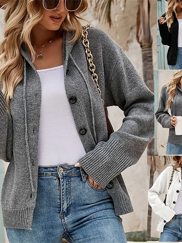 Women's Cardigan Sweater Jumper Ribbed Knit Regular Button Solid Color Hooded Stylish Casual Outdoor Daily Fall Winter Black White S M L