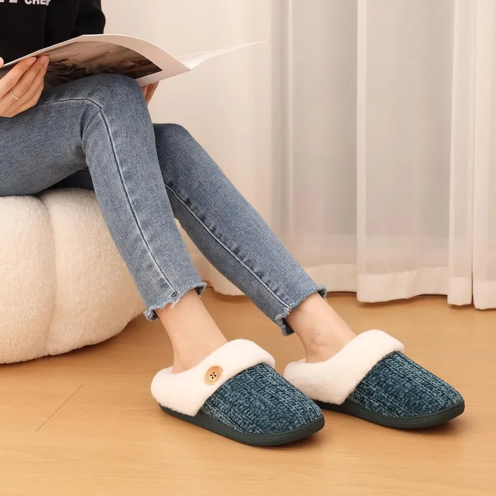 Warm Knit House Slippers for Women Comfy Wool-Like Lined Chenille Slippers with Memory Foam and Indoor Outdoor Soles