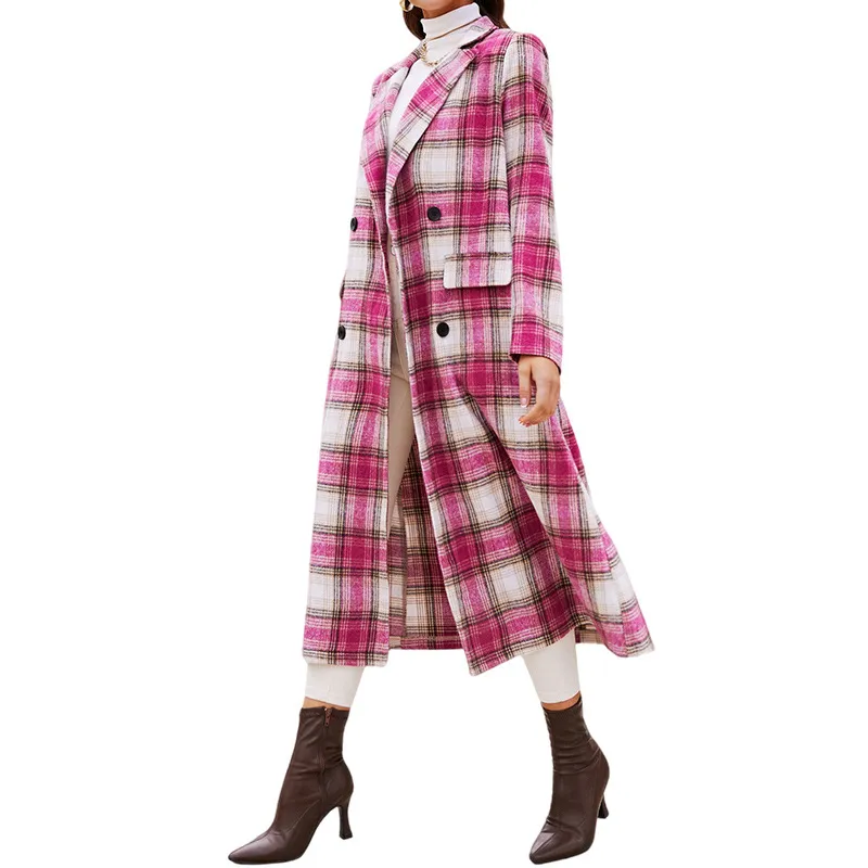 Rose Red Plaid Lapel Coat