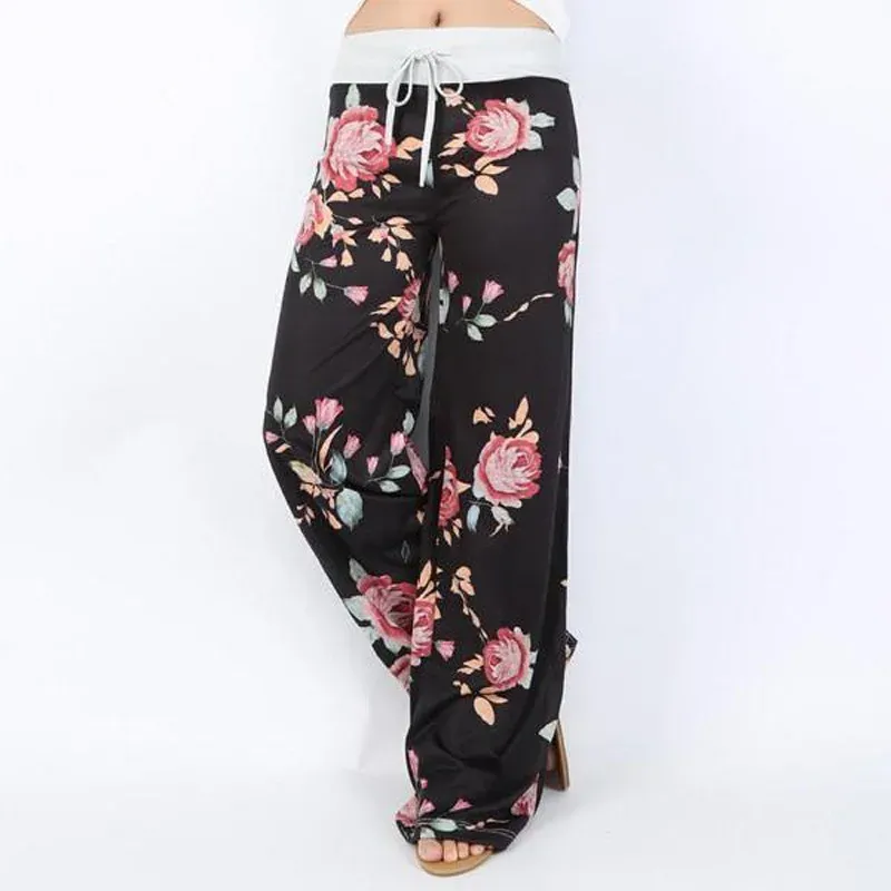 Flowers Printed Elastic-waistband Women's Casual Pants