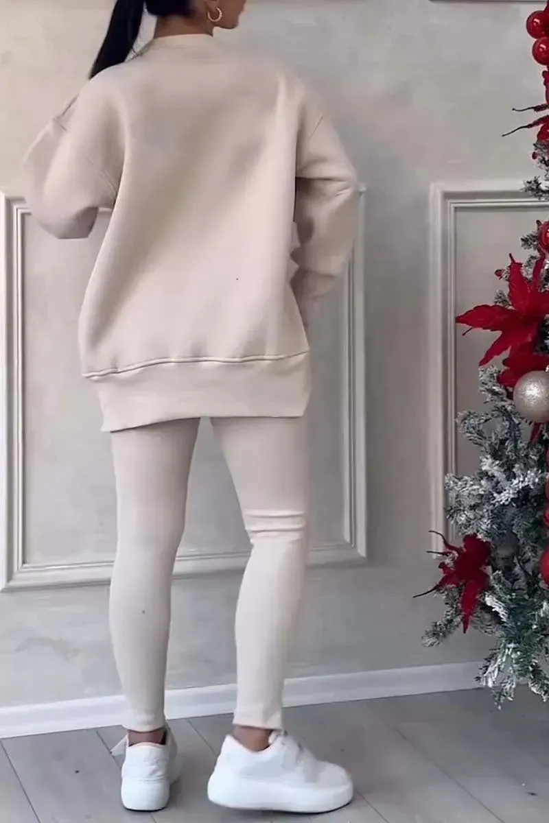 Women's Casual Solid Color Round Neck Long Sleeve Slit Hem Sweatshirt Leggings Set