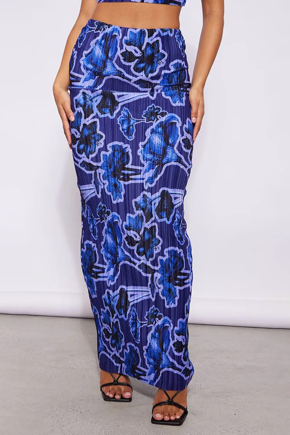 Blue Print Plisse Strappy Cowl Neck Top And Skirt Set